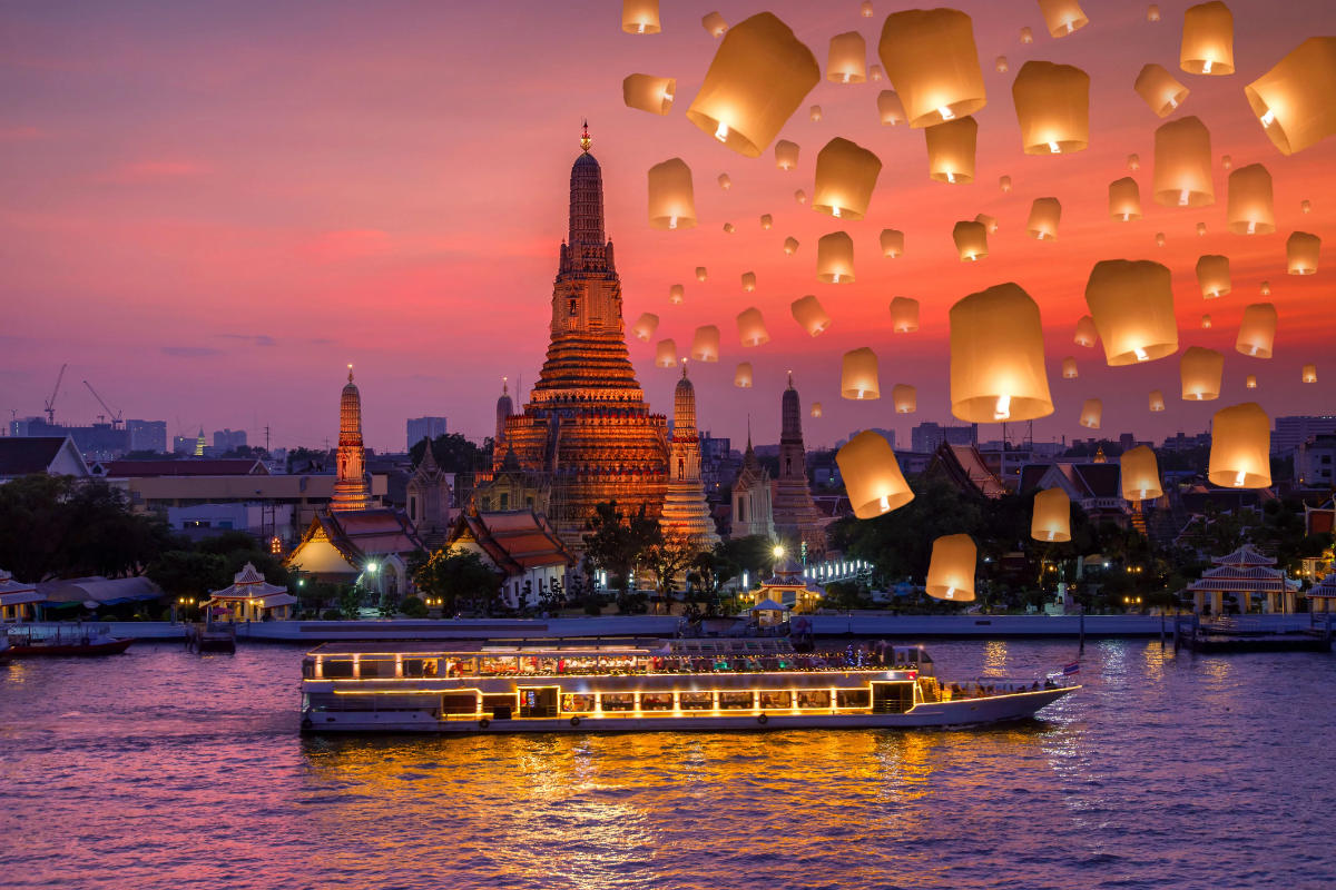 Tourists on a river cruise along the Chao Phraya River in Bangkok